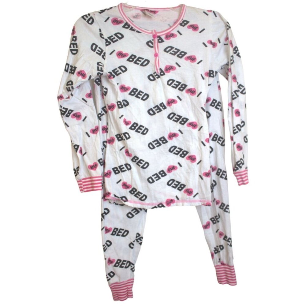 GlamJamz Women's Small Pajamas Set I Love Bed 100% Cotton Long Sleeve Pants #D49